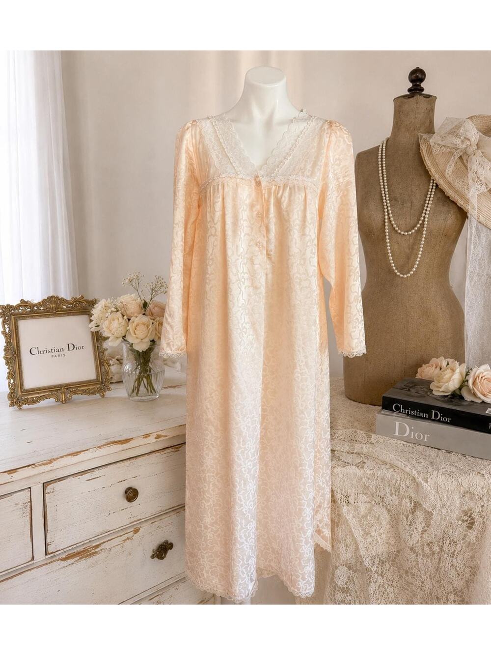 Christian Dior Vintage Blush Satin Jacquard Nightgown Long Sleeve 70s XL